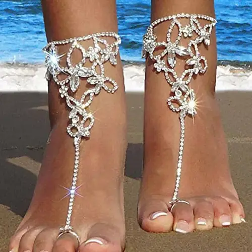 2 pc women's adjustable chain butterfly barefoot sandals