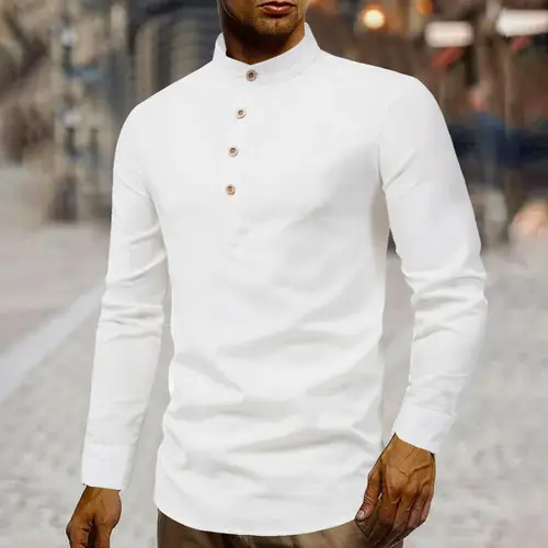 mens stand collar linen shirt