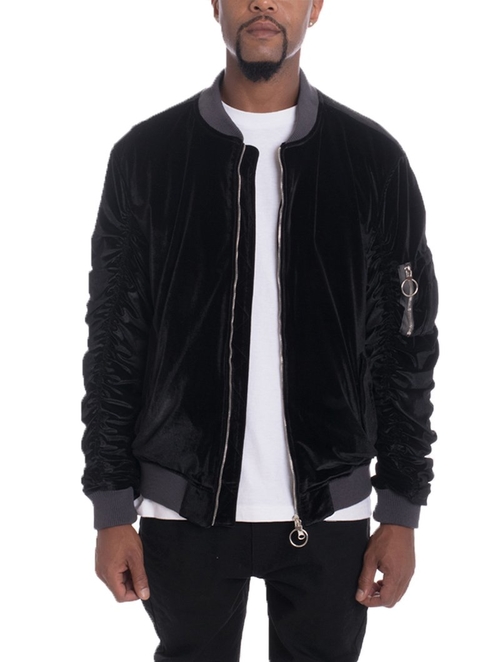 velour cinch sleeve bomber jacket
