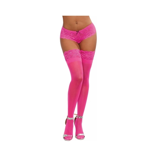 dreamgirl neon pink sheer thigh high stockings with silicone lace top